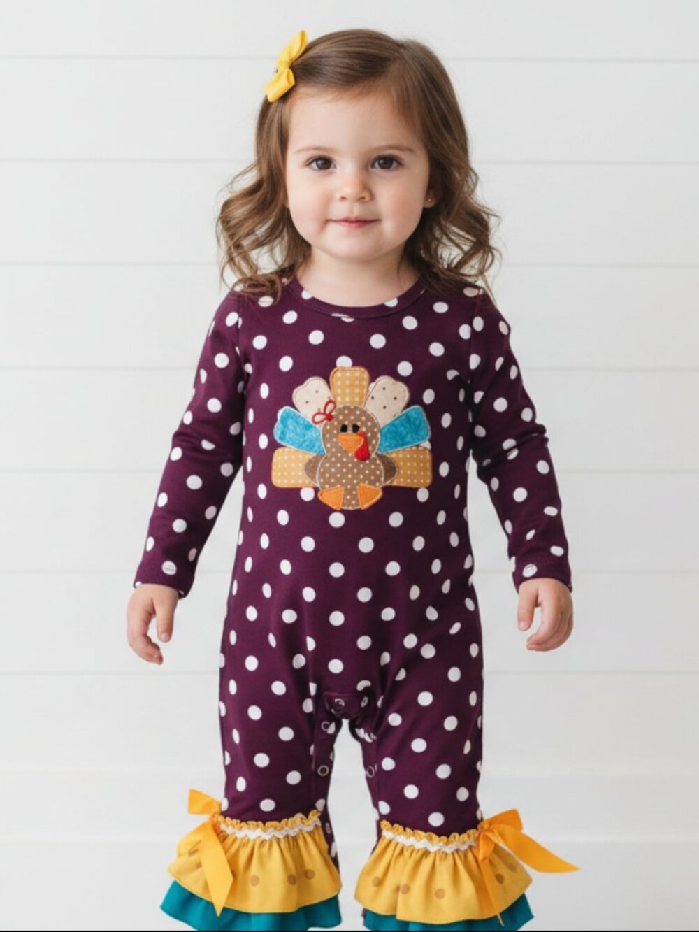 Polka Dot Turkey Boutique Ruffle Romper, Baby, girl, Fall
